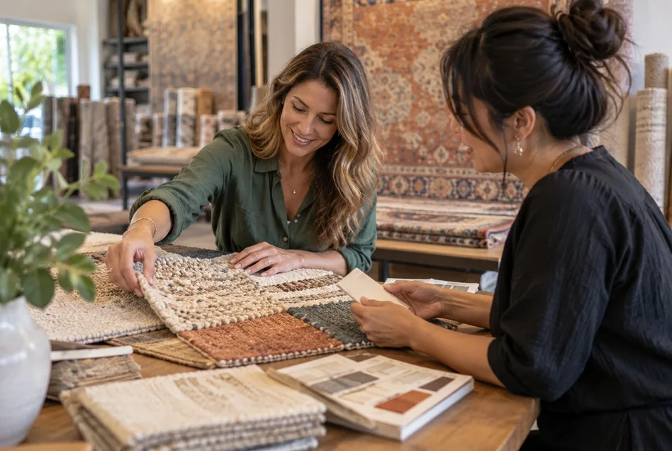 Customer reviewing rug samples during a custom organic rug consultation in Paradise Valley, Arizona.