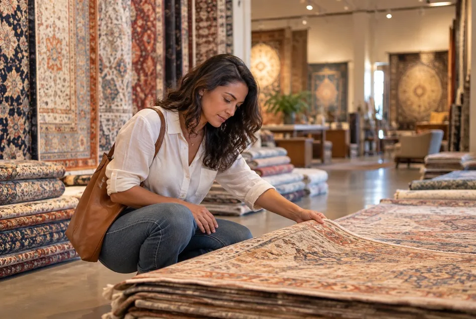 Woman browsing handmade area rugs at a rug store in Phoenix, Arizona.