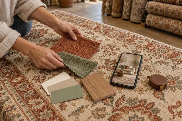 Shopper comparing fabric swatches, paint chips and a room photo against a patterned rug.