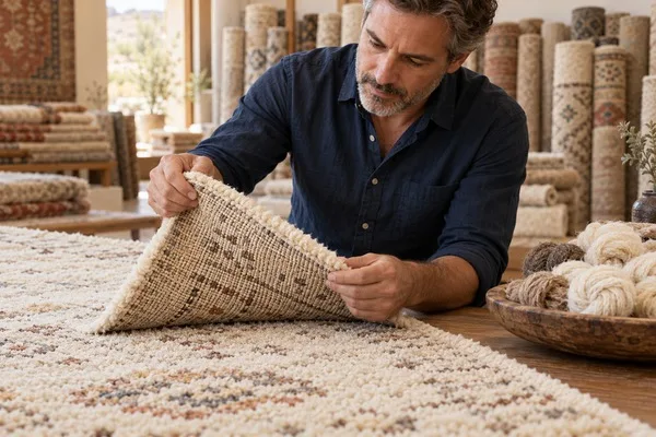 Man examining the woven underside of a wool rug beside natural fiber samples in a showroom.