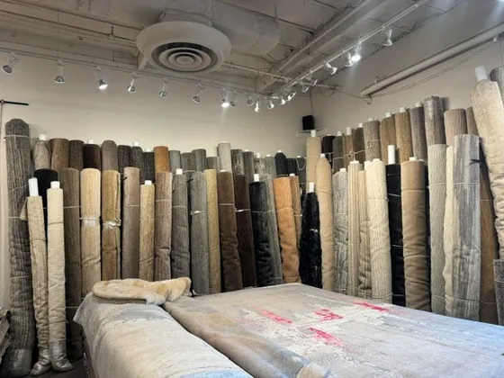 Rolled large-format hand-knotted rugs in the Organic Looms showroom